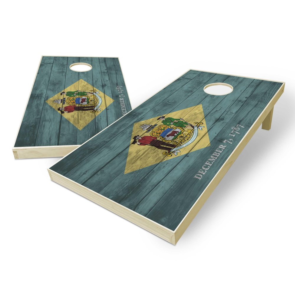 State Flag Distressed Wood Design Solid Wood Regulation Cornhole Set 4 Feet x 2 Feet Includes Set of 8 Bags and Carrying Case with Optional LED Lights and Lamination (Delaware)