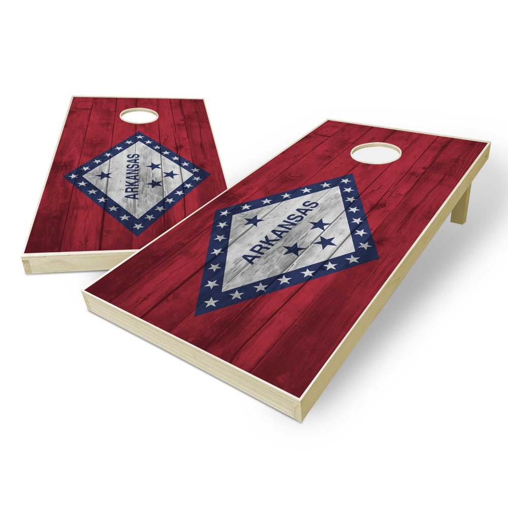 State Flag Distressed Wood Design Solid Wood Regulation Cornhole Set 4 Feet x 2 Feet Includes Set of 8 Bags and Carrying Case with Optional LED Lights and Lamination (Arkansas)