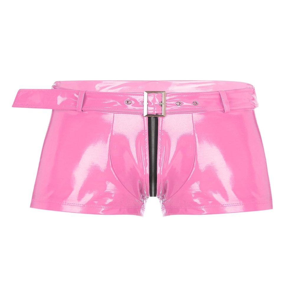 YiZYiF Men's Latex PVC Faux Leather Short Pants Solid Buckled Crotchless Boxer Shorts Hot Pants 2#Pink B X-Large