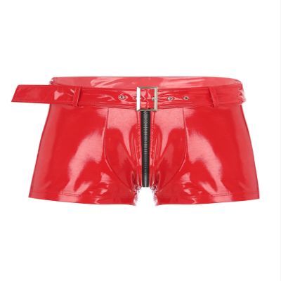 YiZYiF Men's Latex PVC Faux Leather Short Pants Solid Buckled Crotchless Boxer Shorts Hot Pants 2#Red B Medium
