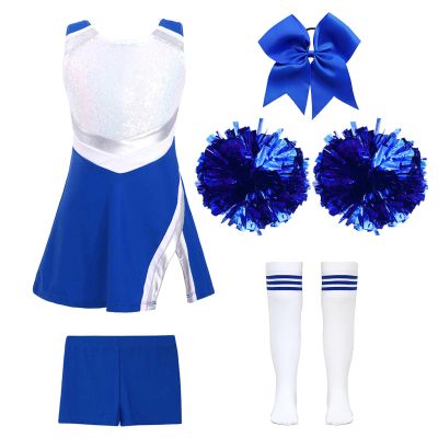 YOOJOO Girls Sequins Dance Dress Jazz Dance Costumes Hip Hop Outfits Cheer Leader Costumes Cheerleading Uniform 04#RoyalBlue 14 Years