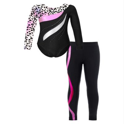Moily Kids Girls Gymnastics Dance Workout Outfits 2 Piece Long Sleeve Leotard with Leggings Full Body Unitard G#Leopard22 12 Years