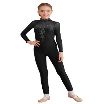 Aislor Kids Girls Full Body Unitard Rhinestones Mesh Splice Skating Jumpsuit Long Sleeve Gymnastics Dance Bodysuit Black 6 Years