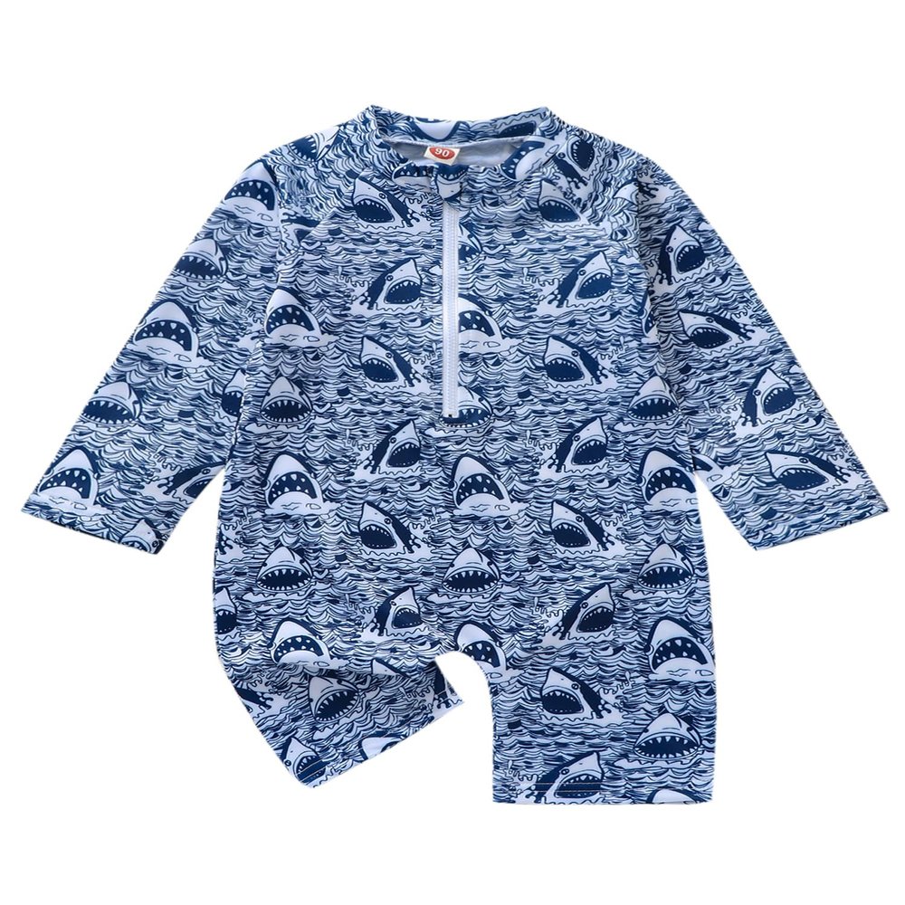 Toddler Baby Boys Long Sleeve Swimsuit UPF 50+ Sun Protection One Piece Zipper Bathing Suit (Blue Black Shark, 2-3 Years)