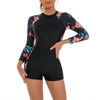 OBEEII Long Sleeve Swimsuits for Women, Floral Printed Rash Guard One Piece Swimsuit Surfing Swimwear Full Body Swim Boyleg Swimsuit Diving Snorkeling Swimsuit Black-flower03 XL