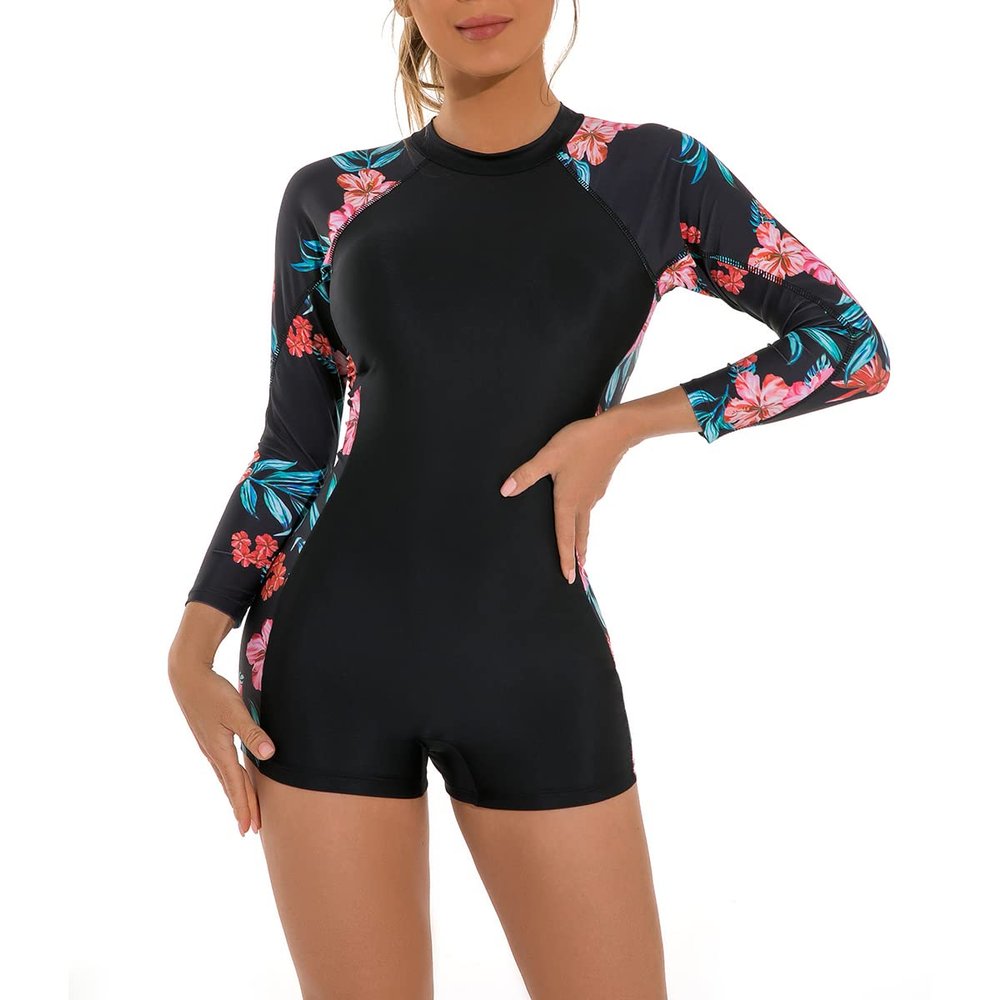 OBEEII Long Sleeve Swimsuits for Women, Floral Printed Rash Guard One Piece Swimsuit Surfing Swimwear Full Body Swim Boyleg Swimsuit Diving Snorkeling Swimsuit Black-flower03 XL