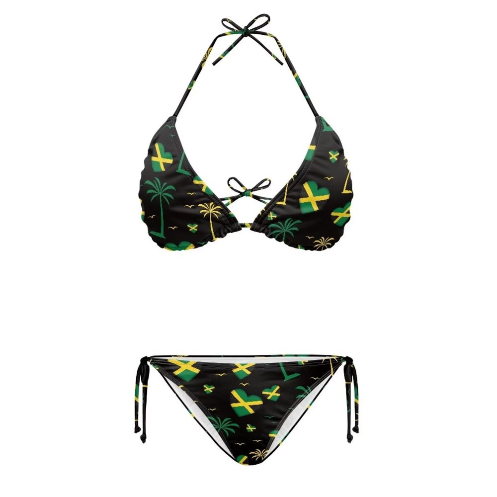 JEOCODY Jamaica Flag Women's Bikini Sets Sexy High Waisted Bathing Suit 2 Piece High Cut Triangle Swimsuit Halter String Thong Swimwear