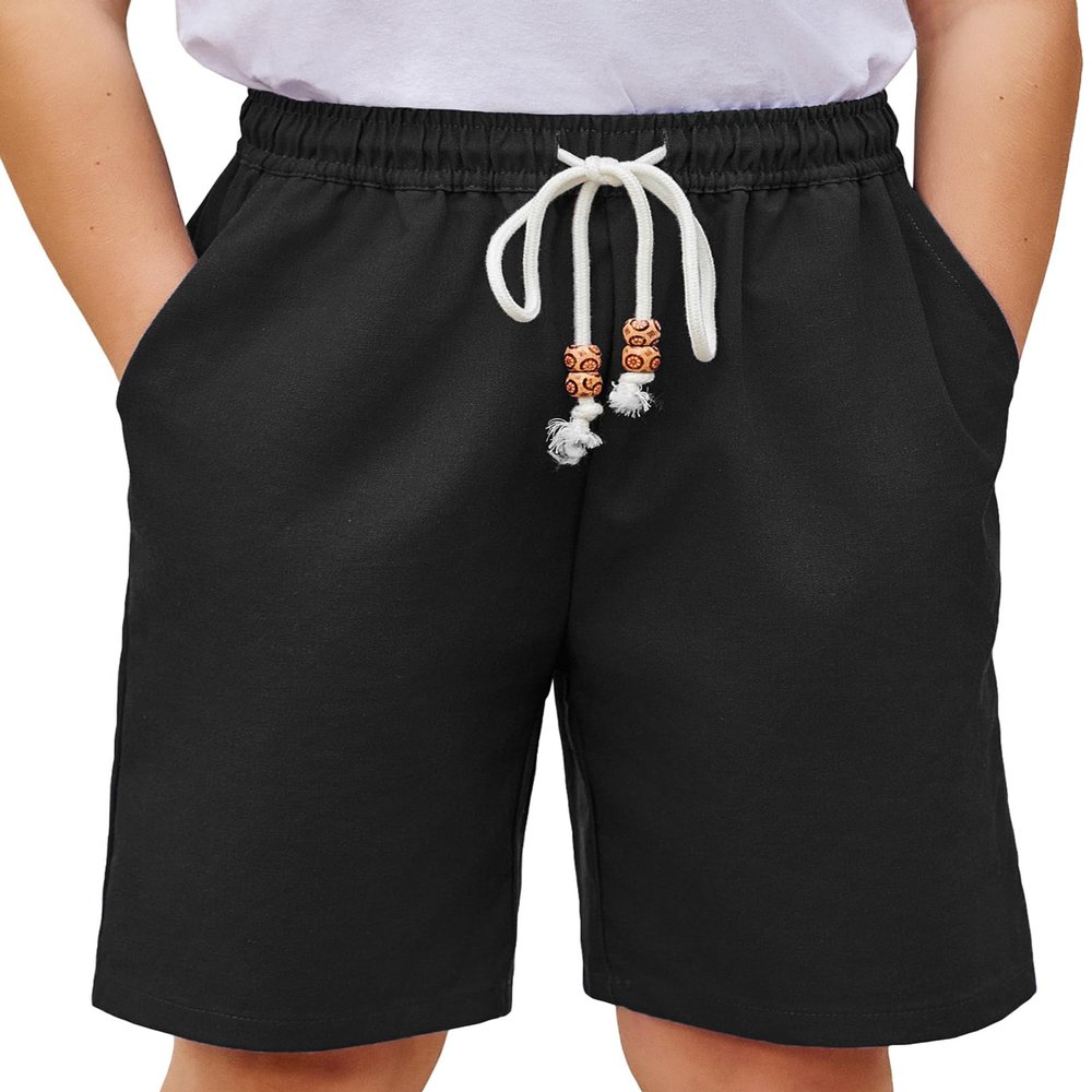 Arshiner Boys Linen Shorts with Elastic Waist Breathable Summer Beach Shorts for Kids 5-13 Years Black