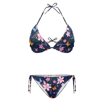 JEOCODY Pink Flower Butterfly Women High Waisted Bikini Sets Sexy Push Up Swimsuits High Cut Cheeky 2 Piece Bathing Suits Tie Back Halter Swimwears