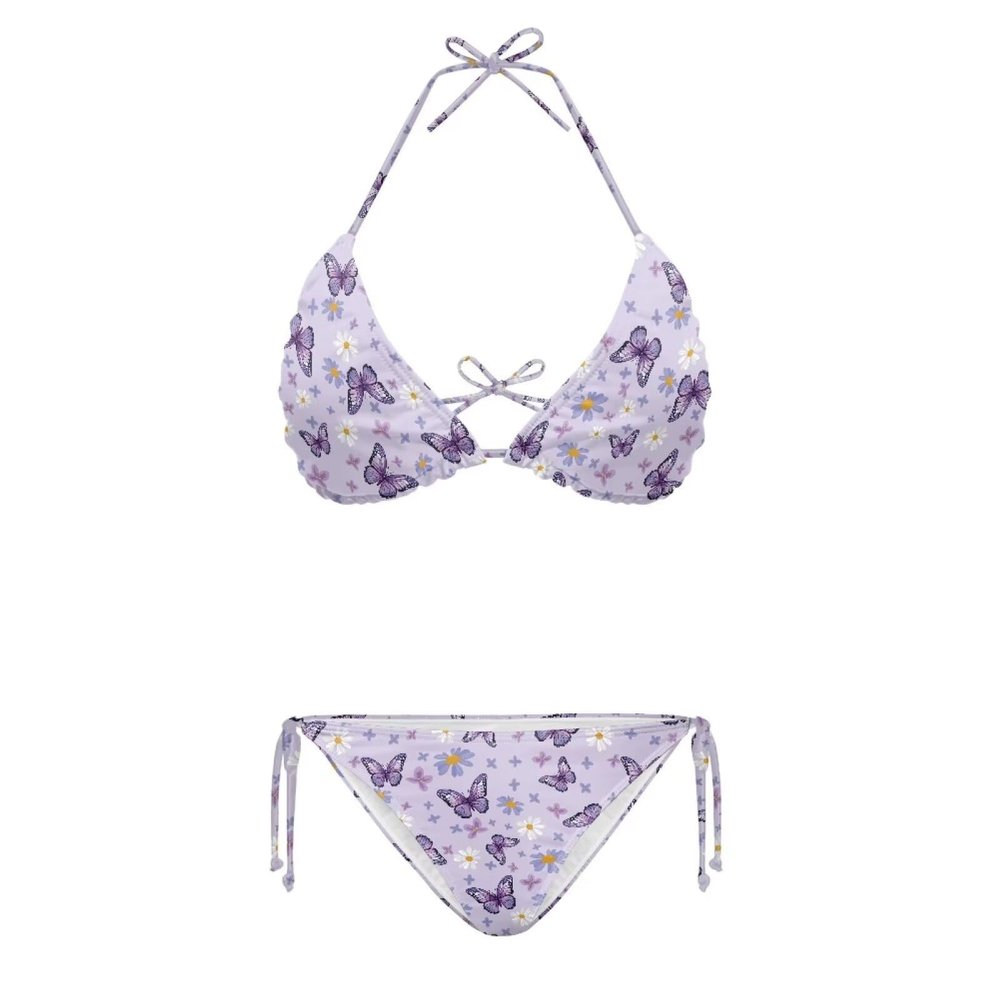 JEOCODY Butterfly Daisy Floral Women's Bikini Sets Sexy High Waisted Bathing Suit 2 Piece High Cut Triangle Swimsuit Halter String Thong Swimwear