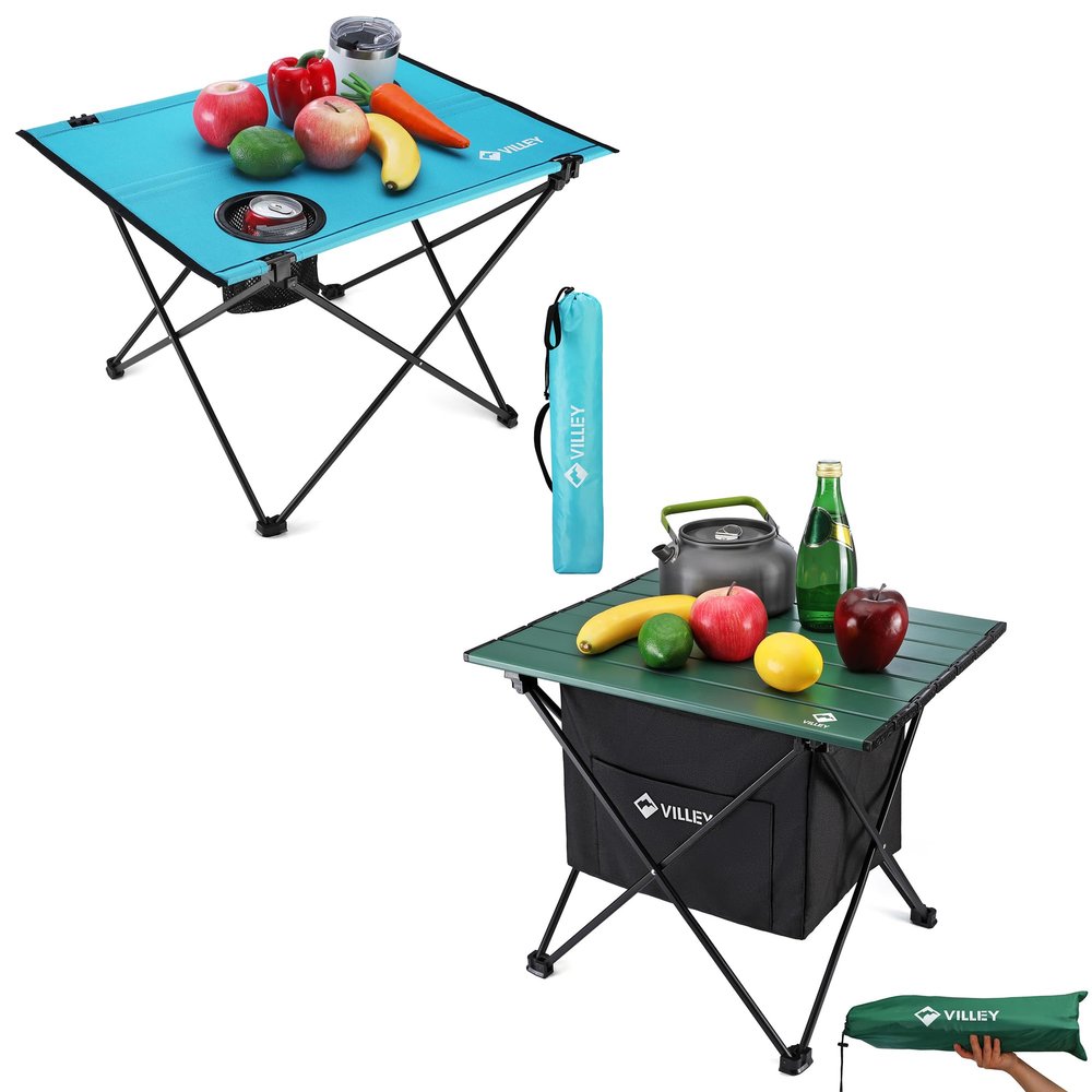 VILLEY Folding Camping Table, Portable Camping Table with 2 Cup Holders & Carry Bag