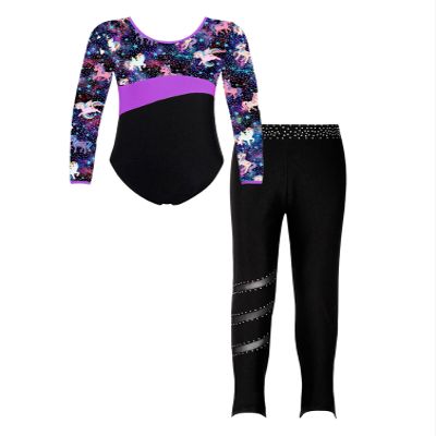 Moily Kids Girls Gymnastics Dance Workout Outfits 2 Piece Long Sleeve Leotard with Leggings Full Body Unitard F#Purple19 10 Years