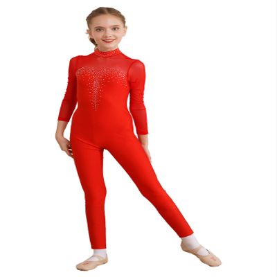 Aislor Kids Girls Full Body Unitard Rhinestones Mesh Splice Skating Jumpsuit Long Sleeve Gymnastics Dance Bodysuit Red 8 Years