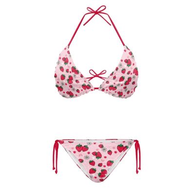 JEOCODY Pink Strawberry Women's High Waisted Bikini Sets 2 Piece Halter String Triangle Bikini Sets Sexy Swimsuit Cheeky Bathing Suits for Teens Plus Size Triangle Tie Side Swimwears