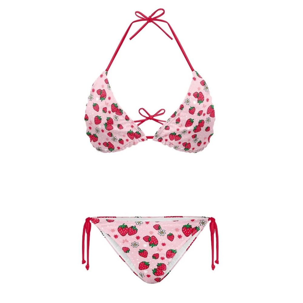 JEOCODY Pink Strawberry Women's High Waisted Bikini Sets 2 Piece Halter String Triangle Bikini Sets Sexy Swimsuit Cheeky Bathing Suits for Teens Plus Size Triangle Tie Side Swimwears