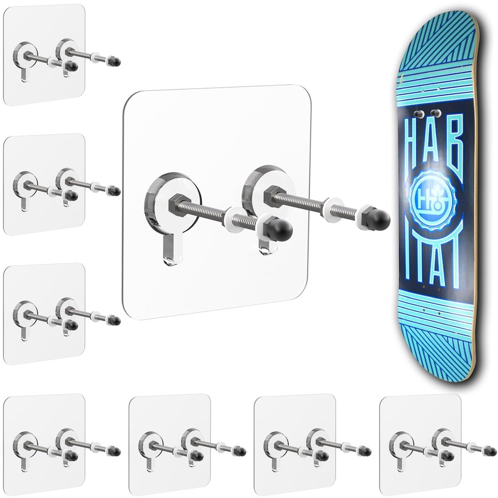 ezbnb Adhesive Skateboard Wall Mount (8-Pack) - No Drilling Skateboard Storage, Minimalist Skateboard Deck Display, Strong Hold Skateboard Hangers for Wall((Transparent Adhesive Version)