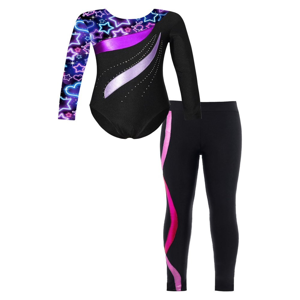 Moily Kids Girls Gymnastics Dance Workout Outfits 2 Piece Long Sleeve Leotard with Leggings Full Body Unitard G#Starry26 8 Years