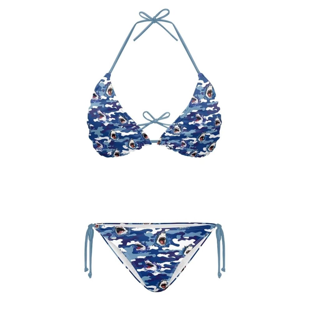 JEOCODY Blue Shark Women's Triangle Bikini Sets Sexy Halter String 2 Piece Swimsuits Plus Size Thong Bathing Suits for Teens Tie Side Bottom with Top