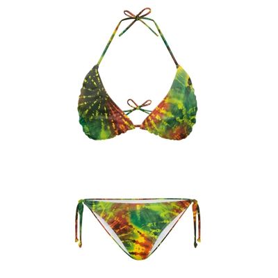 JEOCODY Jamaican Flag Womens String Bikini Sets Yellow Red Green Tie Dye Sexy Triangle Halter Swimsuit 2 Piece Spaghetti Strap Top Thong Swimwear Cheeky Brazilian Bathing Suits