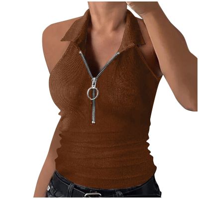 FQZWONG Ribbed Tank Tops for Women, Womens Summer Clothes 2025 Plus Size Sexy Solid Sleeveless Cami Shirts Sexy Ladies Zipper V Neck Blouses Blusas De Mujer De Moda En (Brown,4XL)