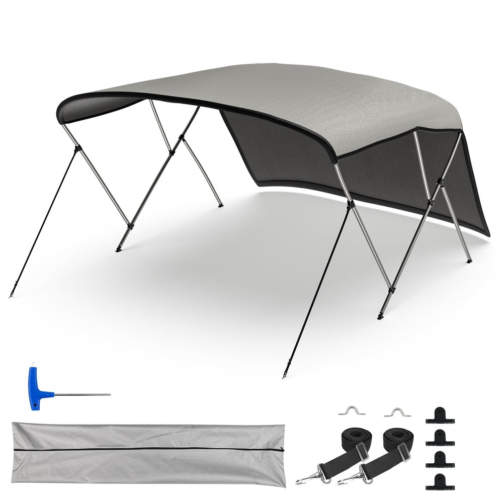 TeBaisea 3 Bow Bimini Tops for Boats, Boat Sun Shade Boat Canopy UV-Proof 800D High-Tech Polyester Fiber with Support Poles and Front/Rear Side Sunshade Cloth, 67-72" W, (Gray)