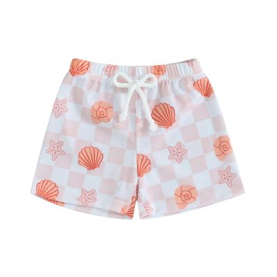 Toddler Baby Boy Girl Swimsuit Infant Swim Trunks Beachwear Kids Bathing Suit Elastic Waist Swimming Shorts Swimwear (Pink Checkerboard Seashell, 2-3 Years)