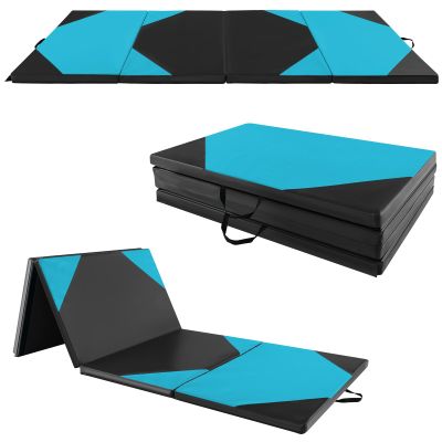 Goplus Folding Gymnastics Mat, 10 x 4 x 2 Thick Tumbling Mats with PU Leather, Hook & Loop Fasteners, Portable Handles, 4-Panel Exercise Mat for Home Gym Workouts, Yoga (Black+Blue)
