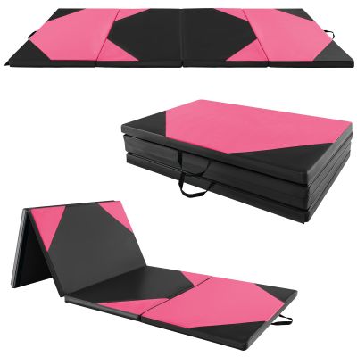 Goplus Folding Gymnastics Mat, 10 x 4 x 2 Thick Tumbling Mats with PU Leather, Hook & Loop Fasteners, Portable Handles, 4-Panel Exercise Mat for Home Gym Workouts, Yoga (Black+Rose)