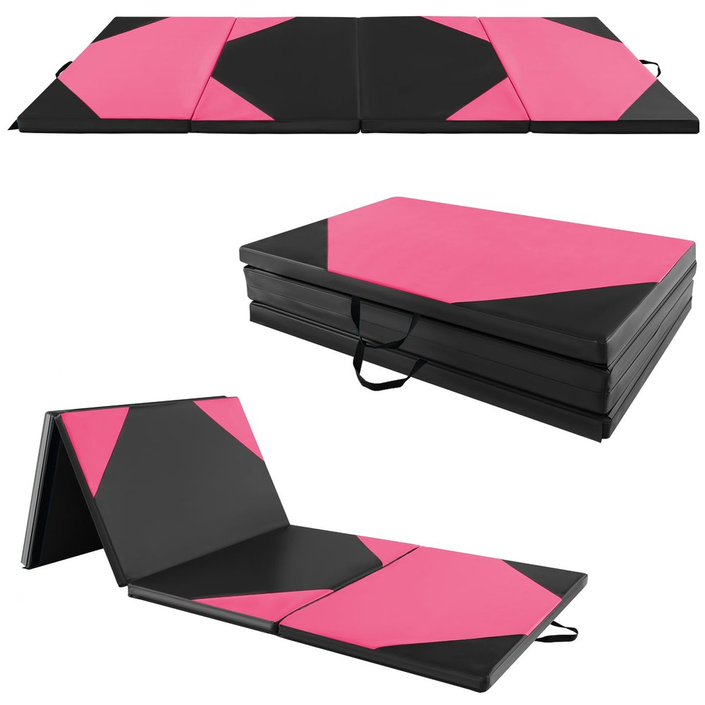 Goplus Folding Gymnastics Mat, 10 x 4 x 2 Thick Tumbling Mats with PU Leather, Hook & Loop Fasteners, Portable Handles, 4-Panel Exercise Mat for Home Gym Workouts, Yoga (Black+Rose)