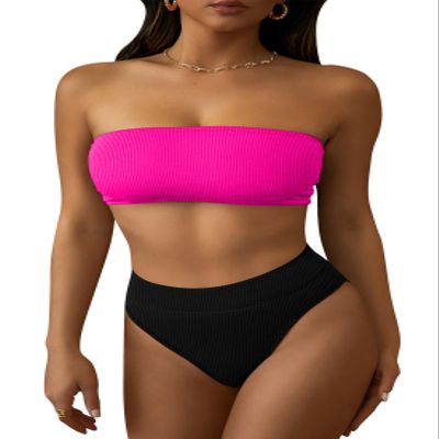 Pink Queen Bikini Sets for Women 2 Piece Bandeau Strapless Swimsuits Ribbed Sexy High Waisted Bathing Suits Pink Black L