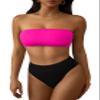 Pink Queen Bikini Sets for Women 2 Piece Bandeau Strapless Swimsuits Ribbed Sexy High Waisted Bathing Suits Pink Black L view 1