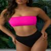 Pink Queen Bikini Sets for Women 2 Piece Bandeau Strapless Swimsuits Ribbed Sexy High Waisted Bathing Suits Pink Black L view 2