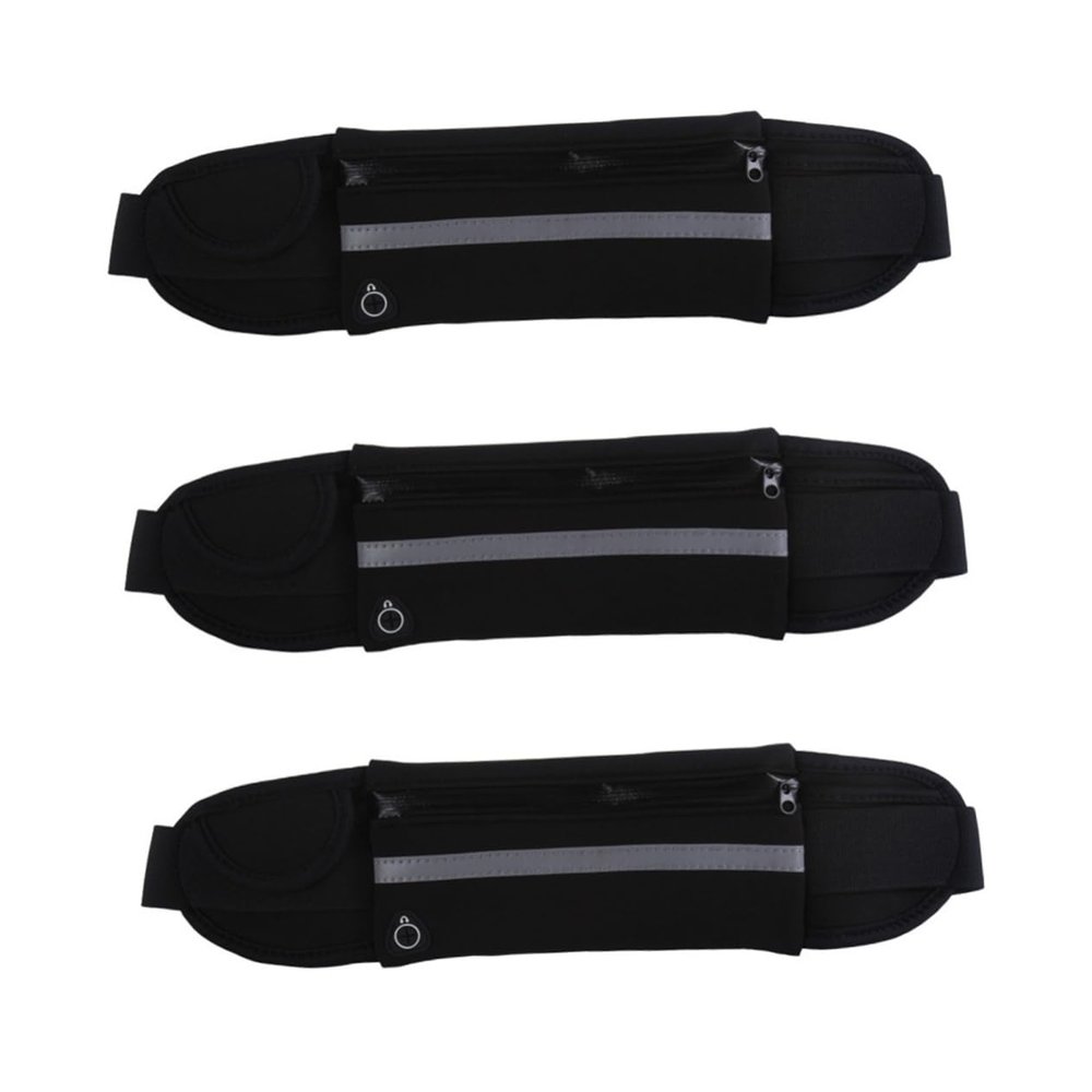 Sosoport 3pcs Adjustable Waist Pack Multi-functional Running Belt for Jogging Cycling and Travel Reflective Stripe and Earphone Black