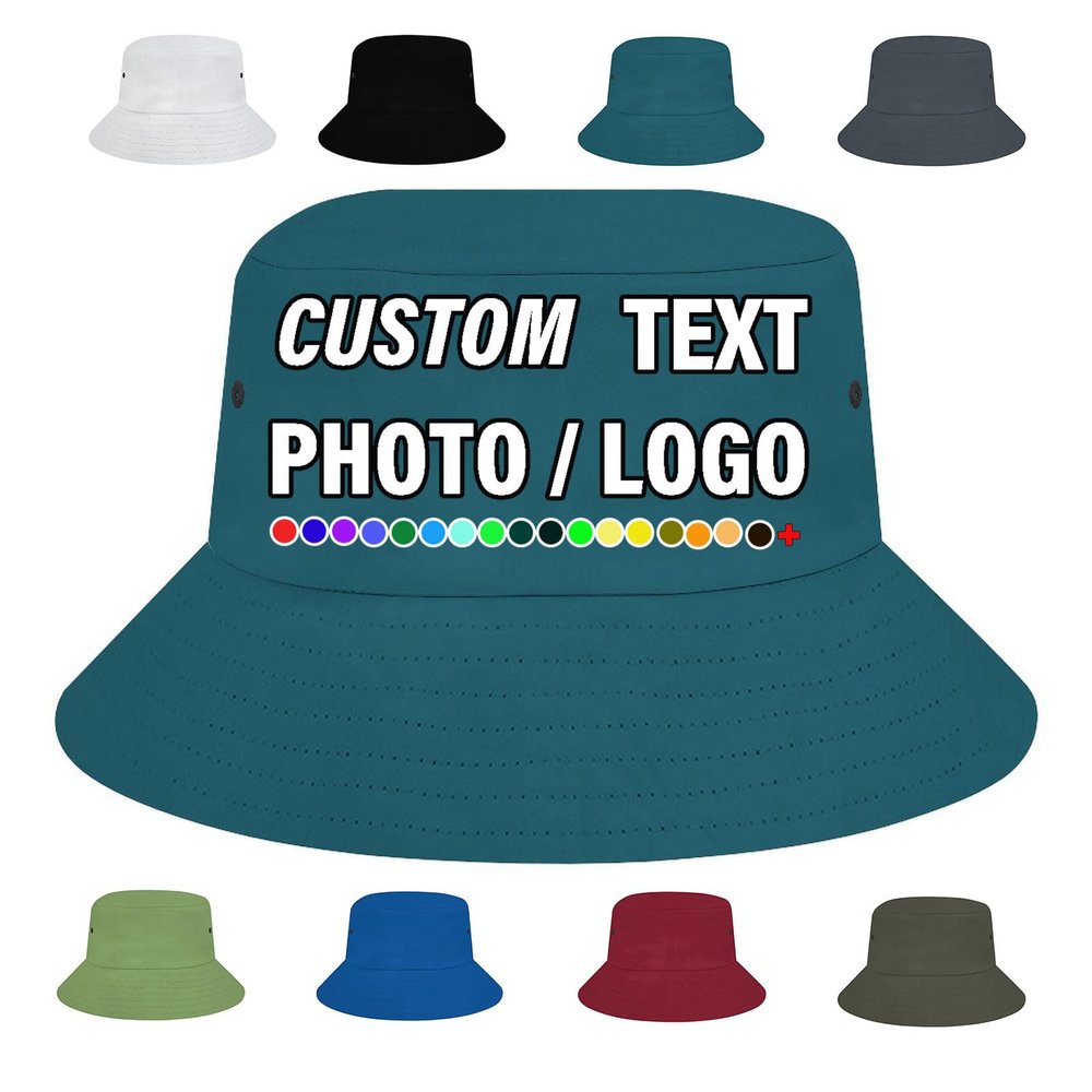 Custom Bucket Hats Design Your Own Photo Text Fisherman Cap Personalized Personalized Sun Hat for Men Women, Blue Green