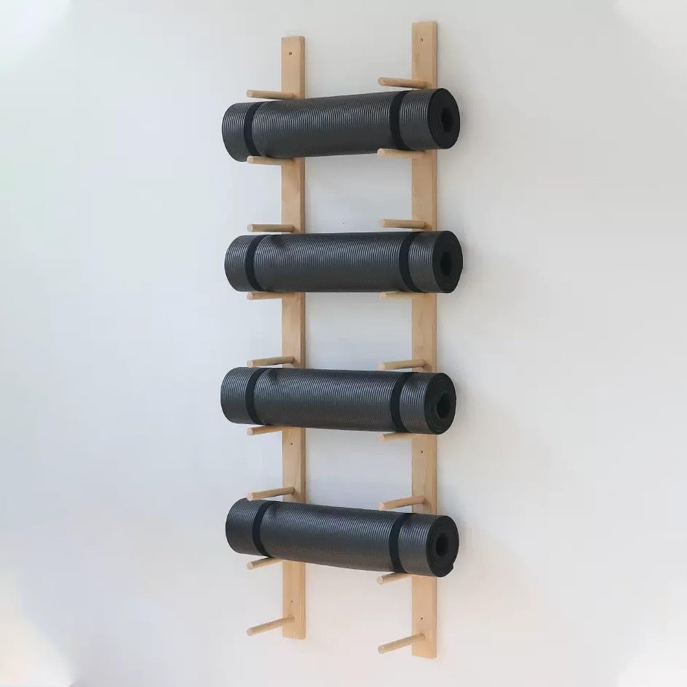 VimrOd Wall Mount Wooden Yoga Mat Holder - 6/9 Tier, Hanging Fitness Storage Racks for Foam Roller, Large Capacity Vertical Display Shelf, Gym Decor (9 Tier)