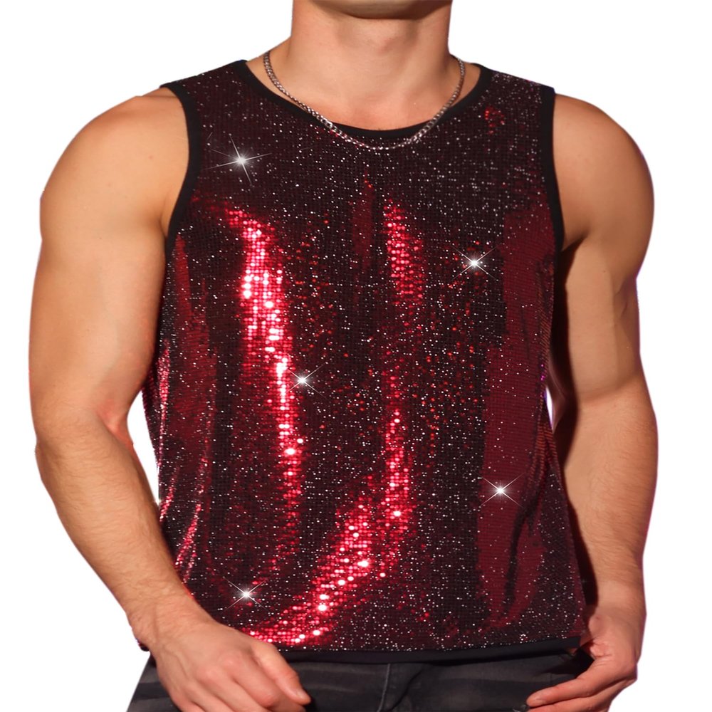 Lars Amadeus Sequin Tank Top for Men's Valentine's Day Shiny Nightclub Party Metallic Sleeveless T-Shirts Large Red