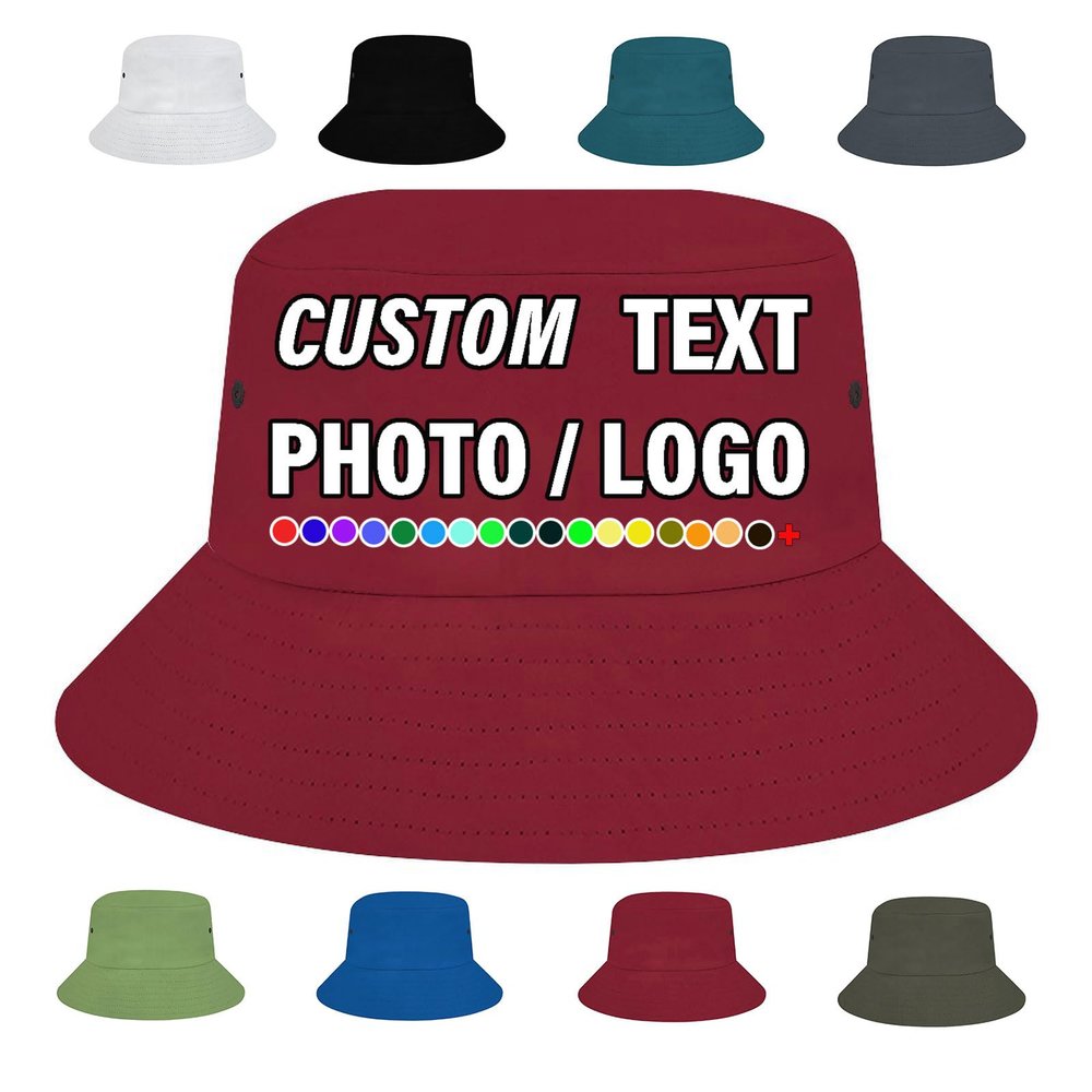 Custom Bucket Hats Design Your Own Photo Text Fisherman Cap Personalized Personalized Sun Hat for Men Women, Dark Red