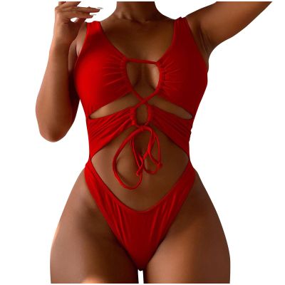 asntrgd Red Swimsuit Women Sexy Lace Up One Piece Lap Swimwear High Cut Bodysuit Bathing Suits Sports Athletic Swimming Suit