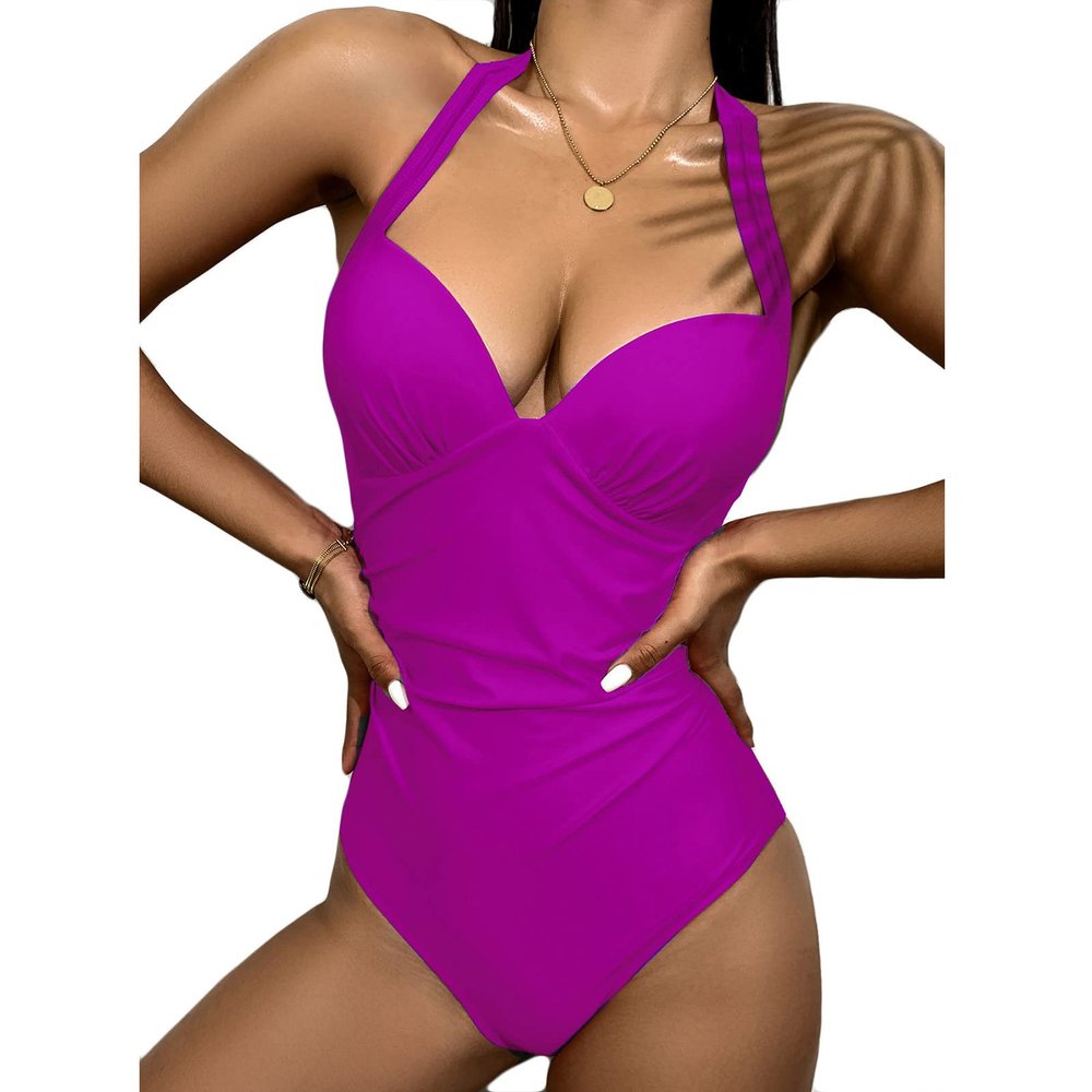 Swim Romper Womens Tummy Contr01 Halter One Piece Bodysuit Bathing Suit Slim V Neck Lap Swimsuits Training Swimwear