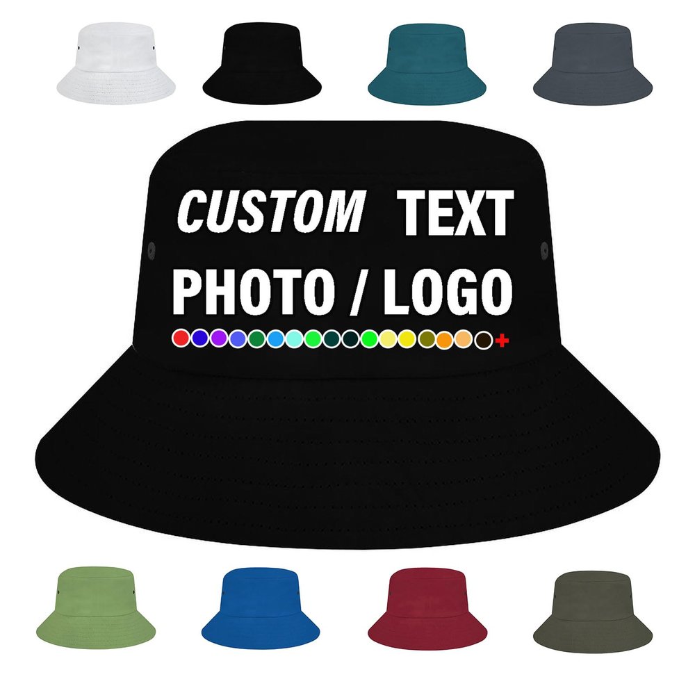 Custom Bucket Hats for Men - Add Your Own Text & Photo,Design Your Own Personalized Fisherman Cap Gift, Black