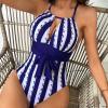 High Waisted Swimsuits for Women Tummy Contr01 Halter One Piece Swimwear Waist Tie Blue and White Lap Bathing Suits view 3