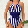 High Waisted Swimsuits for Women Tummy Contr01 Halter One Piece Swimwear Waist Tie Blue and White Lap Bathing Suits view 4