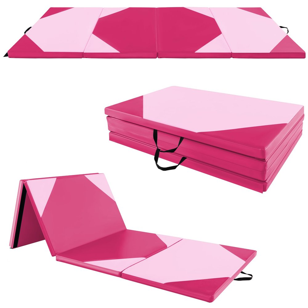 Goplus Folding Gymnastics Mat, 10 x 4 x 2 Thick Tumbling Mats with PU Leather, Hook & Loop Fasteners, Portable Handles, 4-Panel Exercise Mat for Home Gym Workouts, Yoga (Pink+Rose)