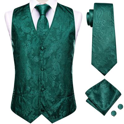 Hi-Tie Dark Teal Silk Paisley Suit Vest for Men Formal Vest V Neck Jacquard Tie Handkerchief Cufflinks 4PCS Suits