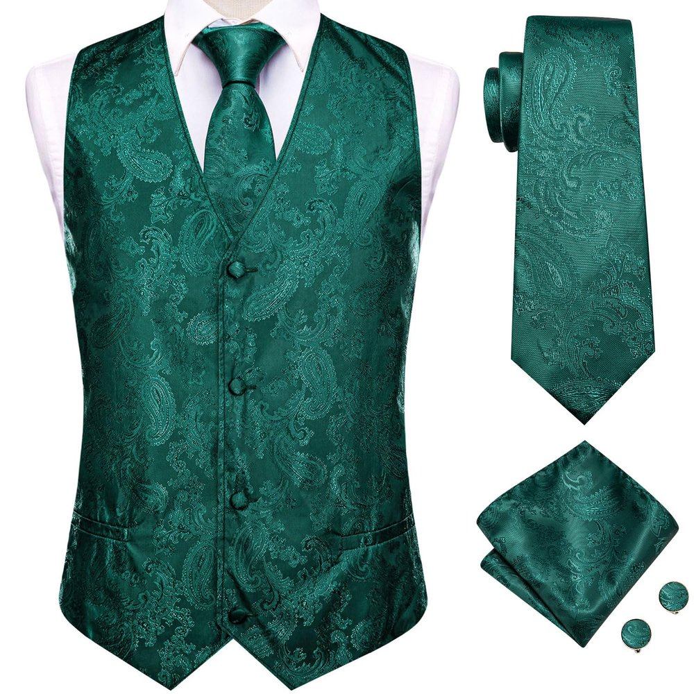 Hi-Tie Dark Teal Silk Paisley Suit Vest for Men Formal Vest V Neck Jacquard Tie Handkerchief Cufflinks 4PCS Suits