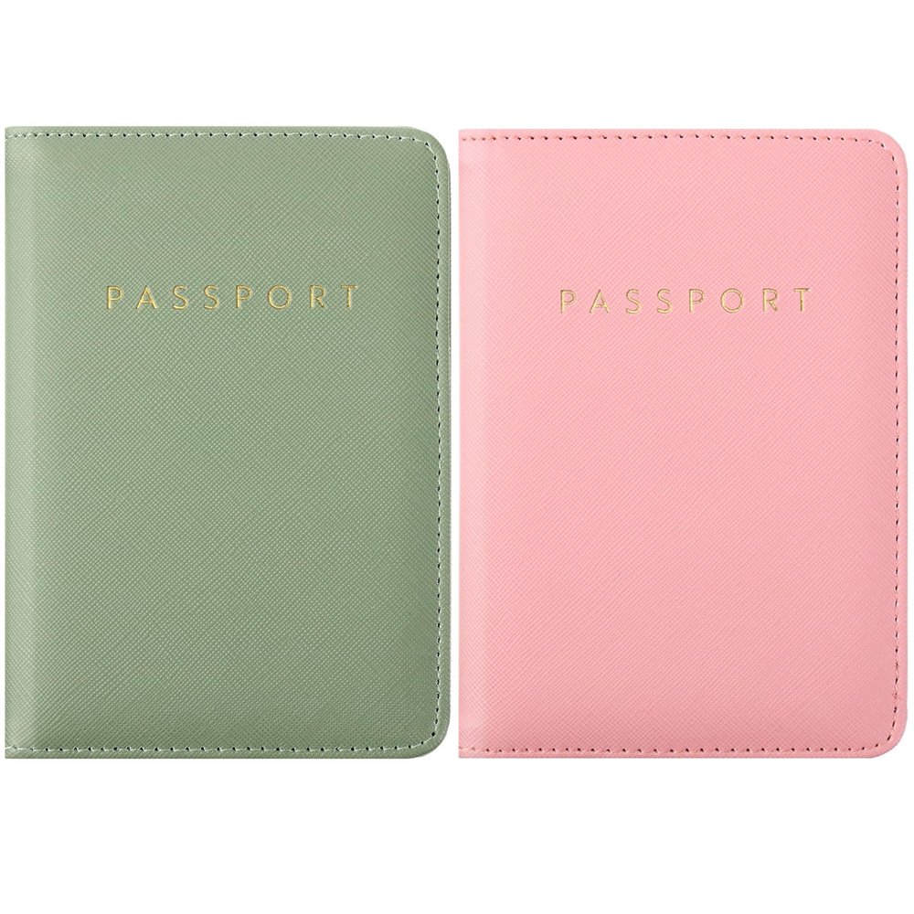 2 Pcs Passport Cover Holder for Travel Waterproof Leather Passport Wallet Case Book Travel Cruise Essentials for Women Men(Lotus Root Pink, Moss Green)