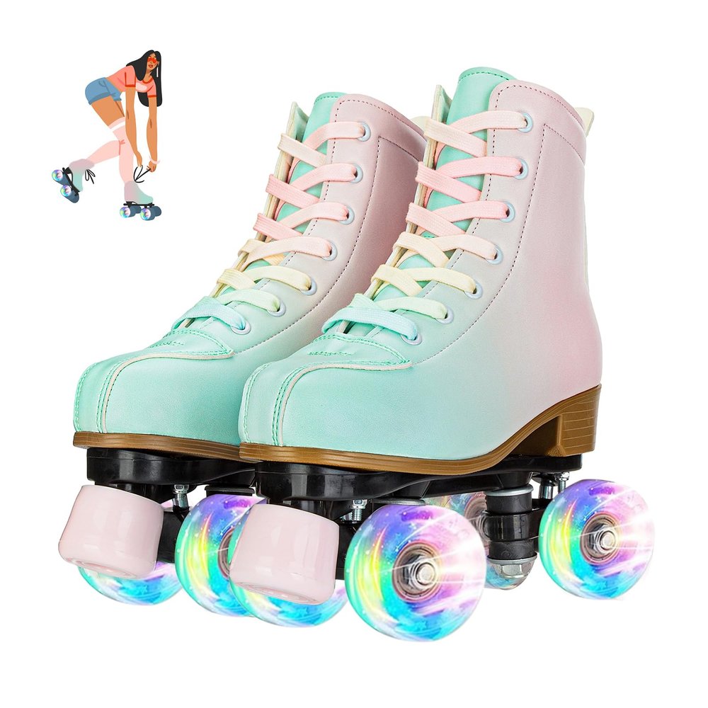 Buric Roller Skates for Girl and Women, PU Leather Kids Roller Skates Light Up, Fantasy High-top Adjustable Four Wheel Beginner Roller Skates Girls Ages 8-12 for Indoor Outdoor (Green Pink 33)