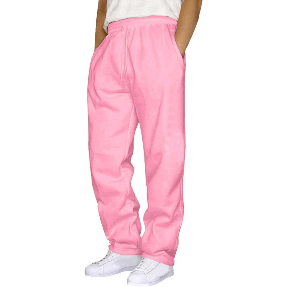Mens Sweatpants with Pockets Baggy Sweat Pants Wide Leg Casual Athletic Workout Gym Clothes Straight Leg Open Bottom Sweatpants Fleece Lined Jogger with Pockets Winter Fall Clothing Pink