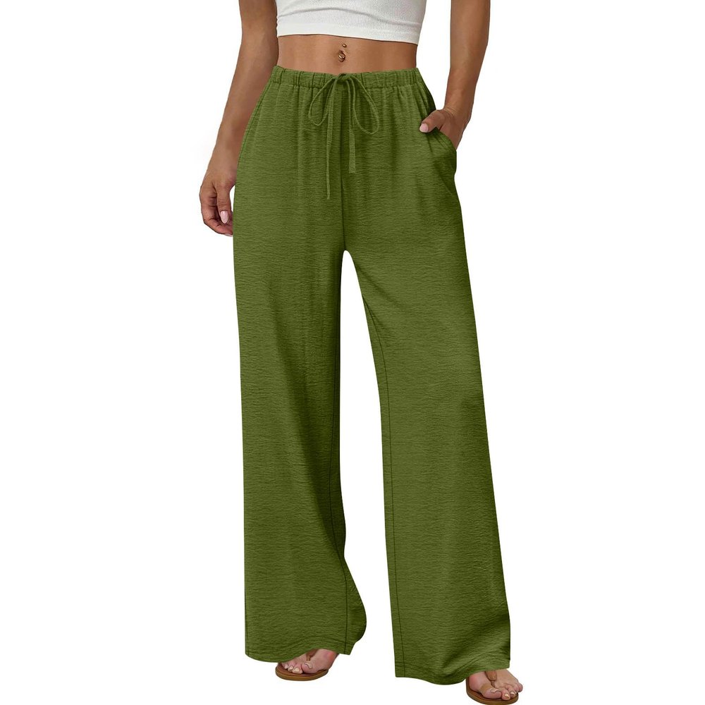 Wide Leg Pants Woman Linen Pants Women Palazzo Beach Vacation Clothes Summer Outfits Fashion Clothing Breathable Resort Wear Flowy Cruise Casual Elastic Waist Boho Loose Trousers Army Green