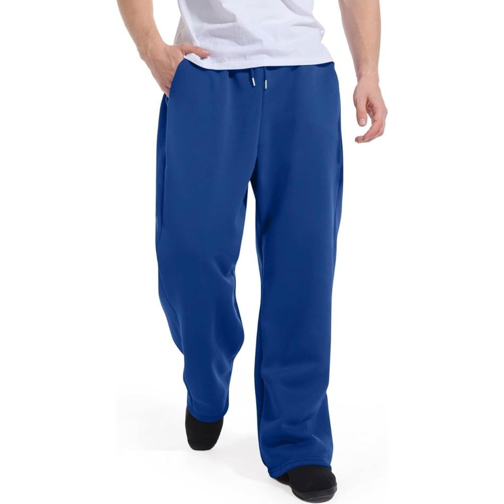 Baggy Sweatpants Men Wide Leg Sweat Pants Mens Clothing Casual Athletic Workout Straight Leg Open Bottom Sweatpants Fleece Lined Jogger with Pockets Fall Winter Clothes Blue